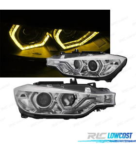 PHARES BMW F30 F31 11-15 ANGEL EYES LUMIÈRE DIURNE LED JAUNE FOND CHROMÉ