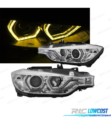PHARES BMW F30 F31 11-15 ANGEL EYES LUMIÈRE DIURNE LED JAUNE FOND CHROMÉ