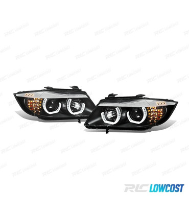 PHARES BMW E90 E91 05-08 ANGEL EYES 3D LED + CLIGNOTANTS LED FOND NOIR