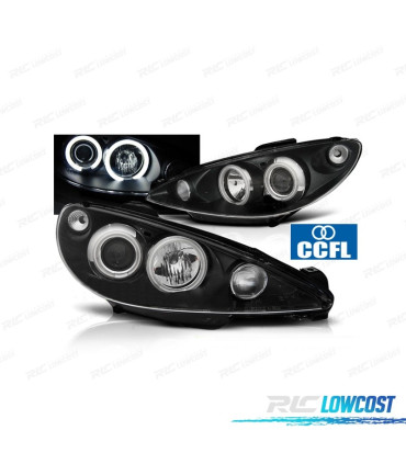 PHARES POUR PEUGEOT 206 98-08 ANGEL EYES CCFL FOND NOIR