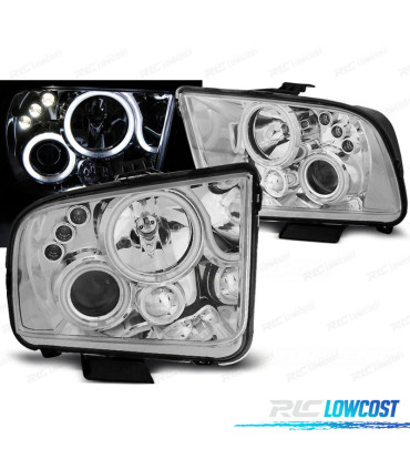 PHARES FORD MUSTANG 04-09 ANGEL EYES LED CHROMÉ