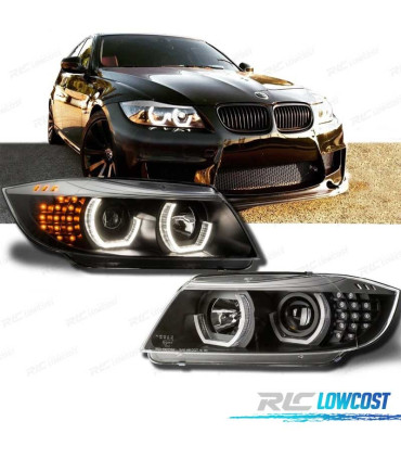 PHARES BMW E90 E91 05-08 ANGEL EYES 3D LED + CLIGNOTANTS LED FOND NOIR