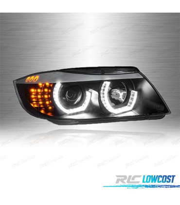 PHARES BMW E90 E91 05-08 ANGEL EYES 3D LED + CLIGNOTANTS LED FOND NOIR