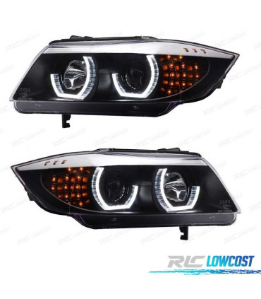PHARES BMW E90 E91 SÉRIE 3 05-08 ANGEL EYES LED 3D FOND NOIR