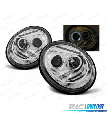 PHARES POUR VOLKSWAGEN VW BEETLE 98-05 ANGEL EYES FOND CHROMÉ