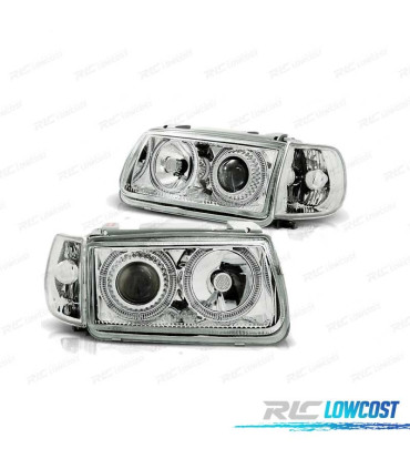 PHARES POUR VOLKSWAGEN VW POLO 6N 94-99 ANGEL EYES FOND CHROMÉ ELEC.