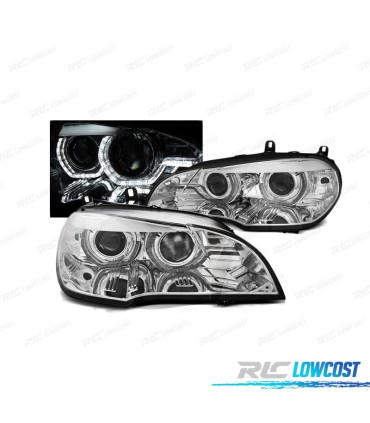 PHARES POUR BMW X5 E70 07-10 ANGEL EYES 3D DRL CHROMÉ