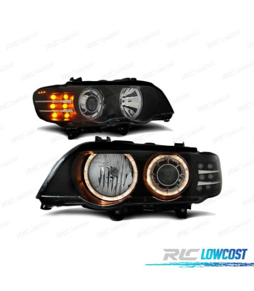 PHARES POUR BMW X5 E53 99-03 ANGEL EYES FOND NOIR CLIGNOTANT LED